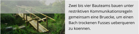 Zwei bis vier Bauteams bauen unter  restriktiven Kommunikationsregeln  gemeinsam eine Bruecke, um einen  Bach trockenen Fusses ueberqueren  zu koennen.